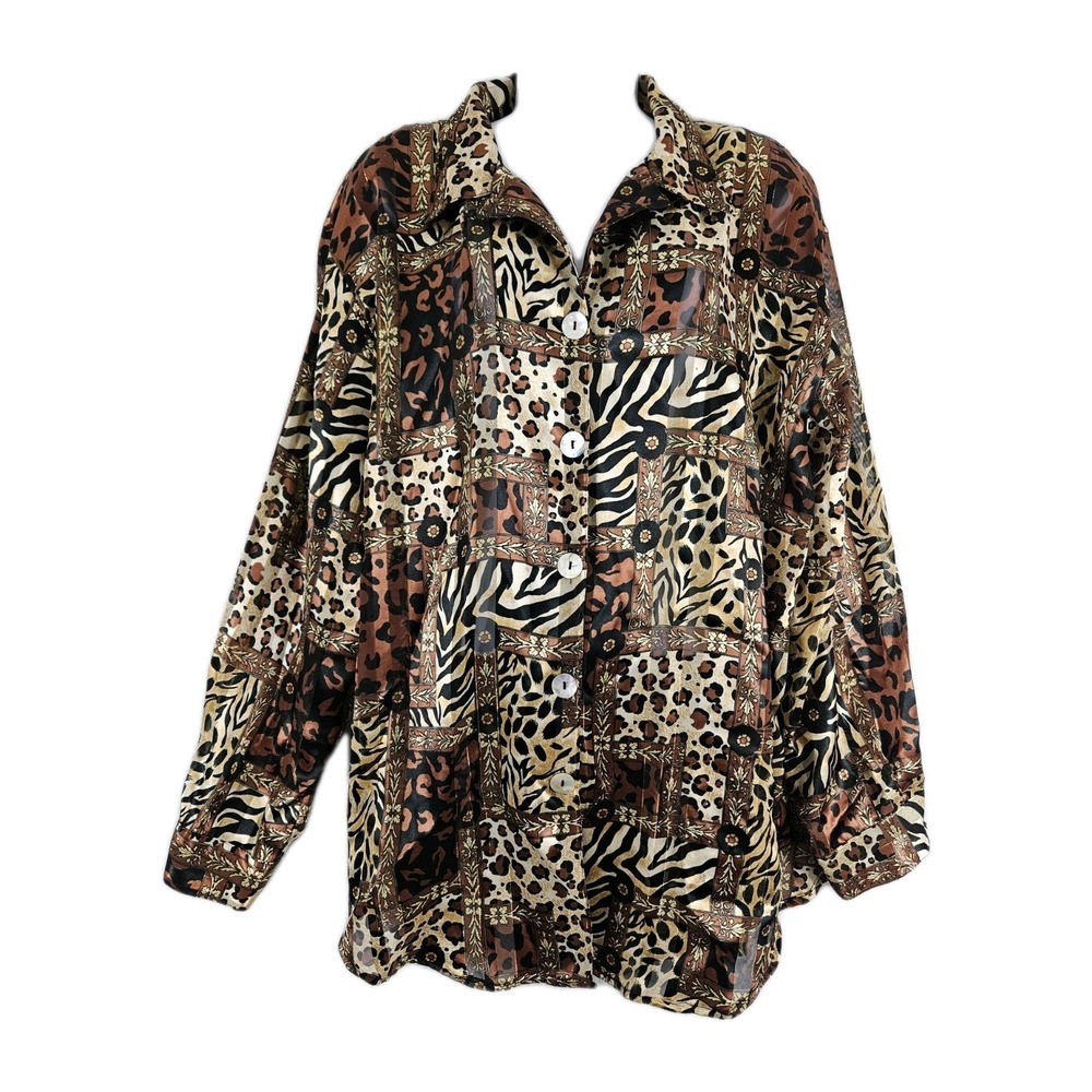 VTG Impressions Button Up Top 2X Patchwork 80s Animal Print Sheer Metallic READ